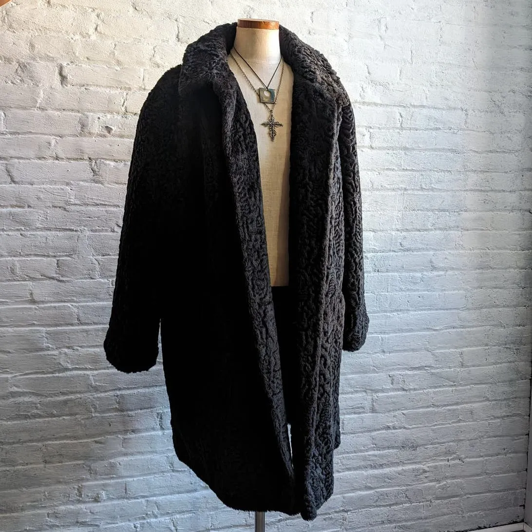 70s Vintage Vegan Afghan Velvet Faux Fur Coat Mob Wife Black Penny Lane Jacket