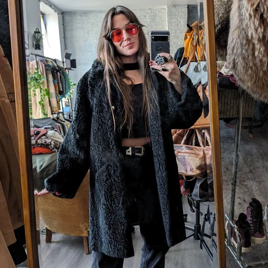 70s Vintage Vegan Afghan Velvet Faux Fur Coat Mob Wife Black Penny Lane Jacket