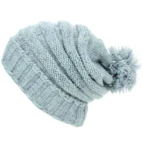 Acrylic Knit Baggy Beanie Bobble Hat - Light Grey