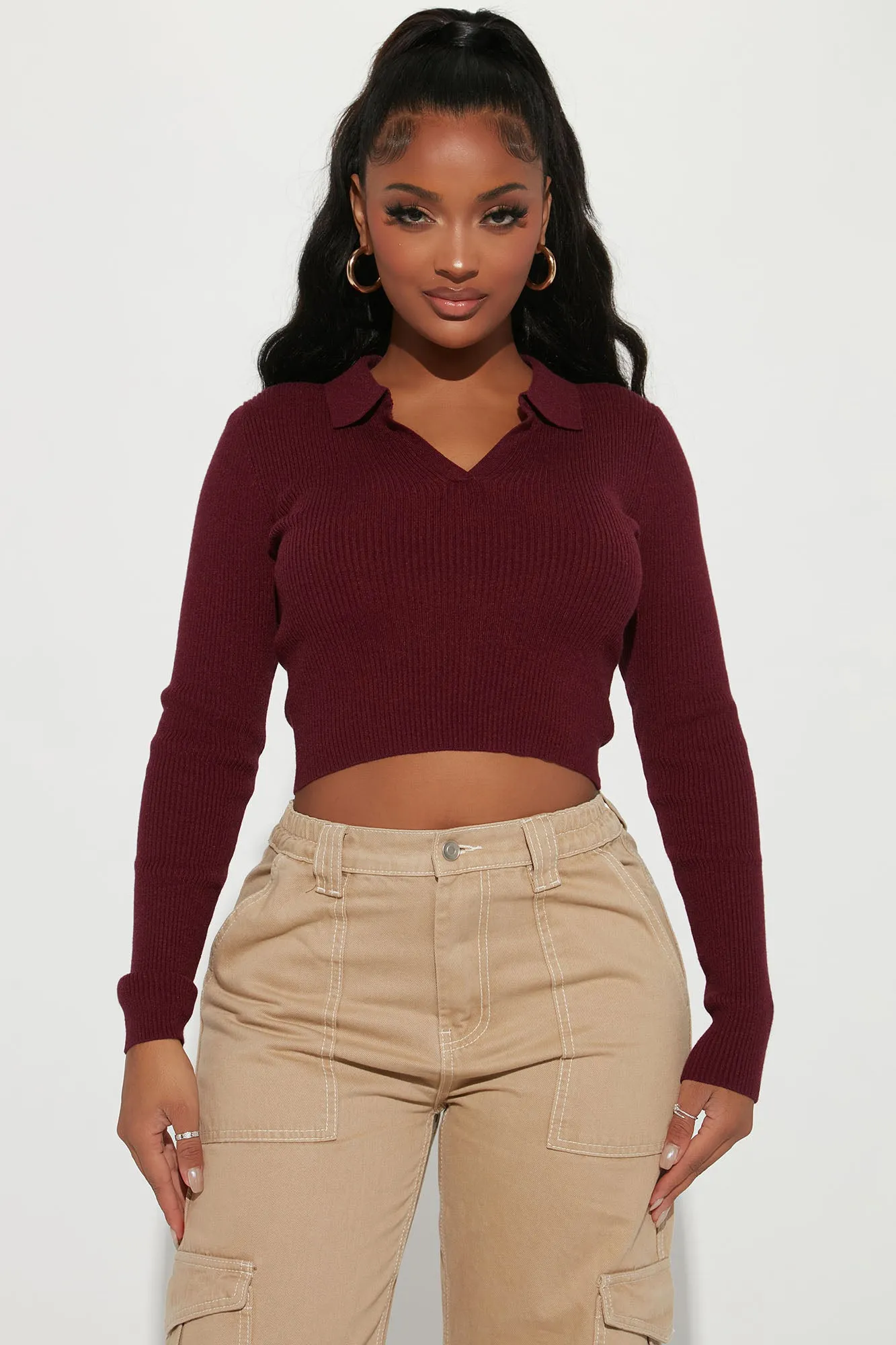 Amber Crop Sweater - Burgundy