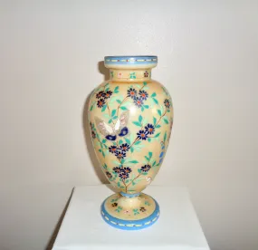 Antique Opaque Beige And Blue Glass Floral Vase With Butterflies.