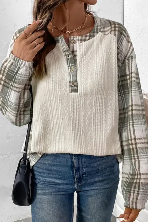 Apricot Checkered Patchwork Textured Pullover Top