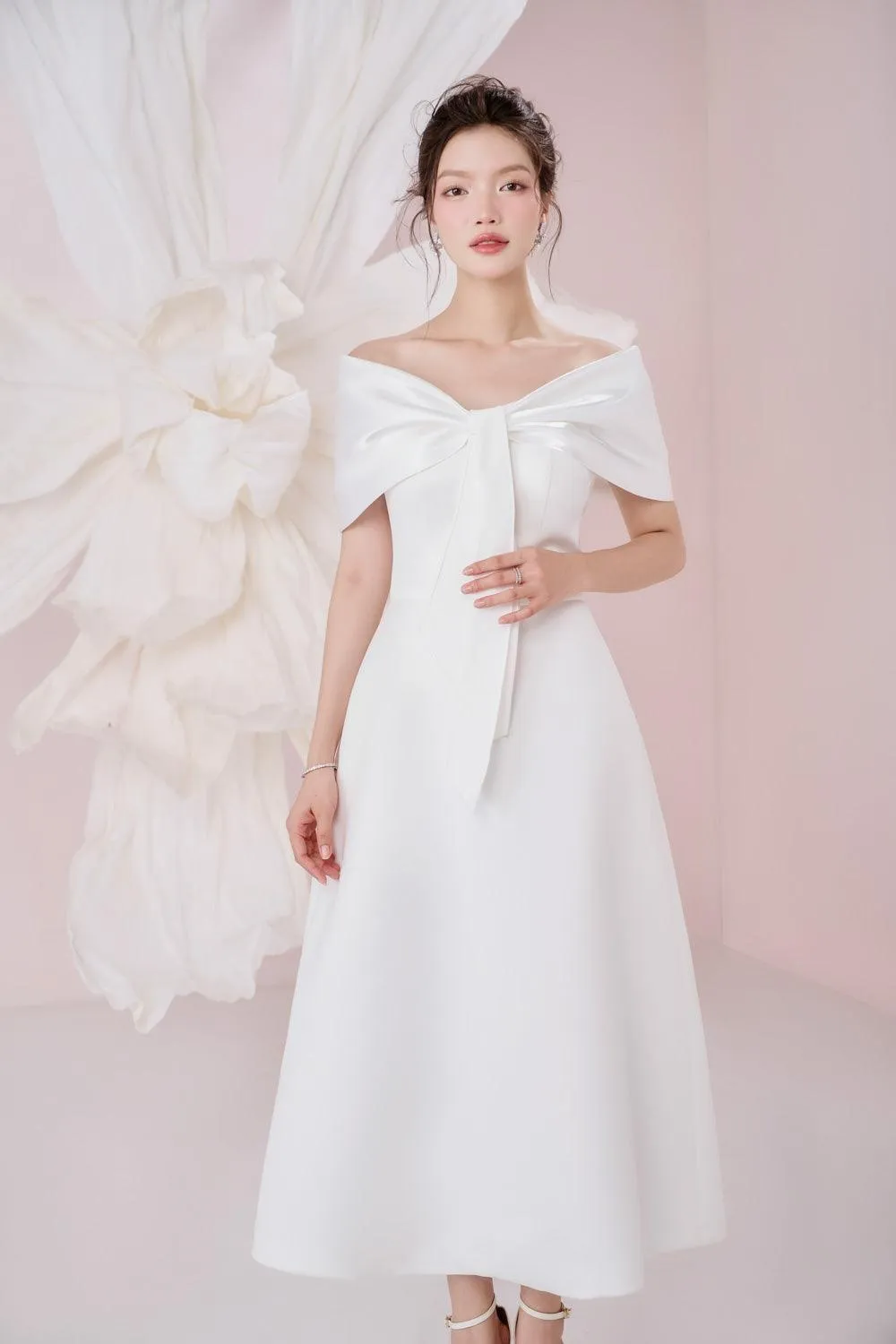 Ariana A-line Off-Shoulder Taffeta Cotton Ankle Length Dress