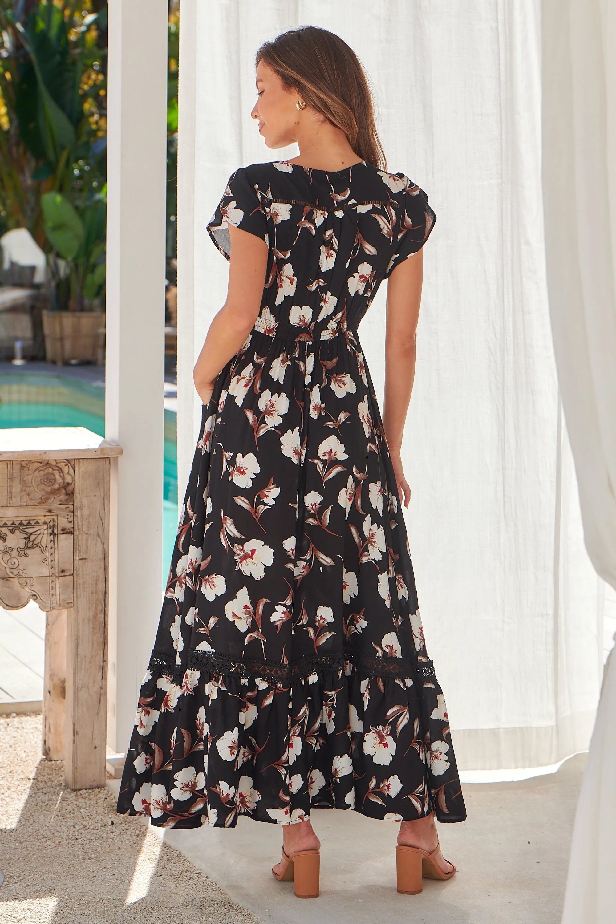 Augustina Black/White/Brown Floral Button Front Maxi Dress