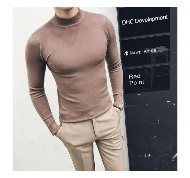 Autumn New Men's Turtleneck Sweaters Male Slim Fit Solid Color High Neck Sweater Men Long Sleeve Knitted Pullover Tops 3XL