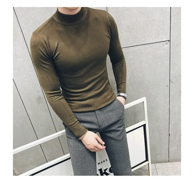 Autumn New Men's Turtleneck Sweaters Male Slim Fit Solid Color High Neck Sweater Men Long Sleeve Knitted Pullover Tops 3XL