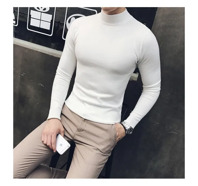 Autumn New Men's Turtleneck Sweaters Male Slim Fit Solid Color High Neck Sweater Men Long Sleeve Knitted Pullover Tops 3XL