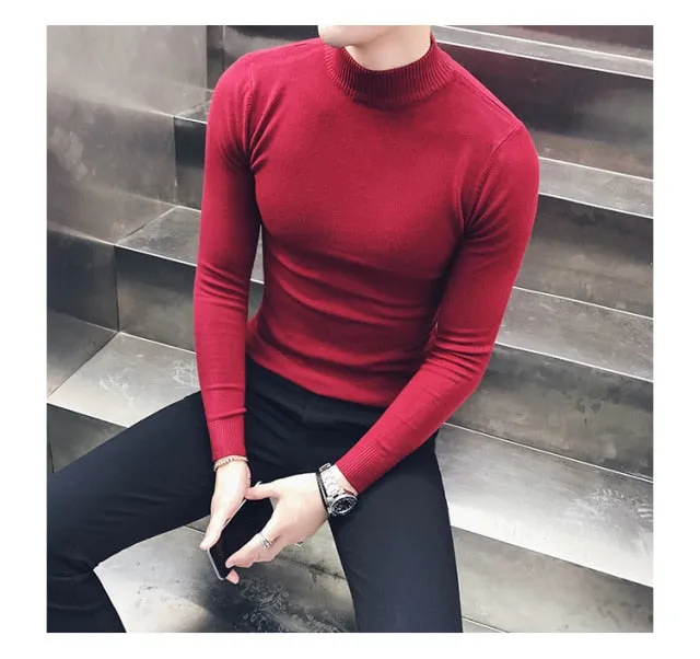 Autumn New Men's Turtleneck Sweaters Male Slim Fit Solid Color High Neck Sweater Men Long Sleeve Knitted Pullover Tops 3XL