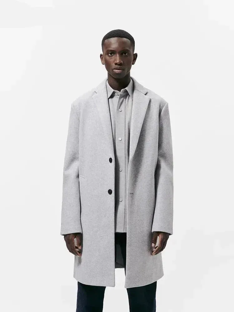 Autumn Winter Warm Soft Light Grey Woolen Coat Men with Back Slit Single Breasted Luxury Wool Blends Overcoat 2023