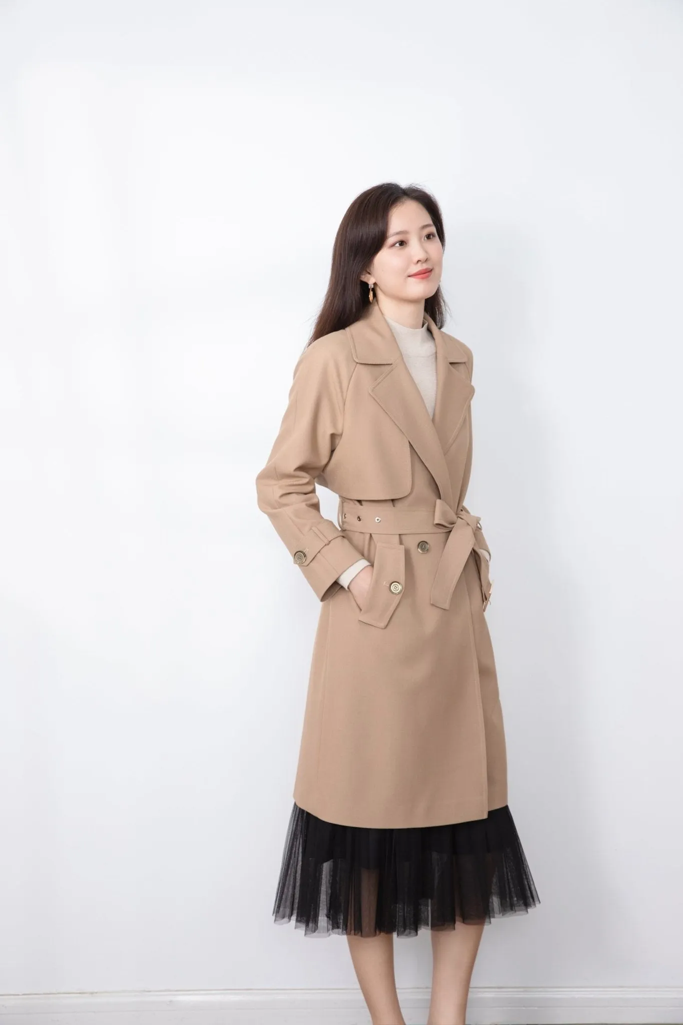 Beige Long Trench Overcoat Waistband