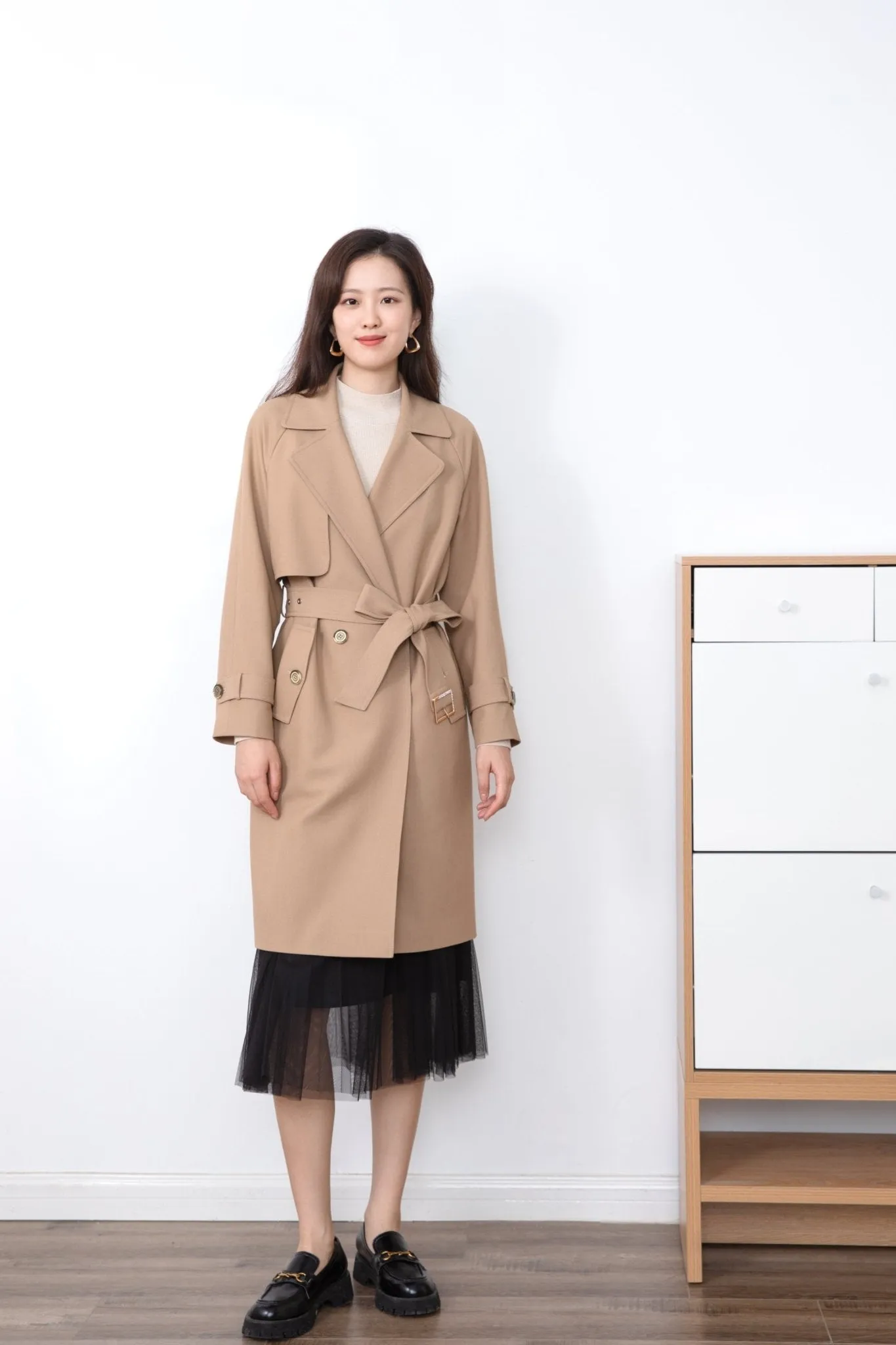 Beige Long Trench Overcoat Waistband