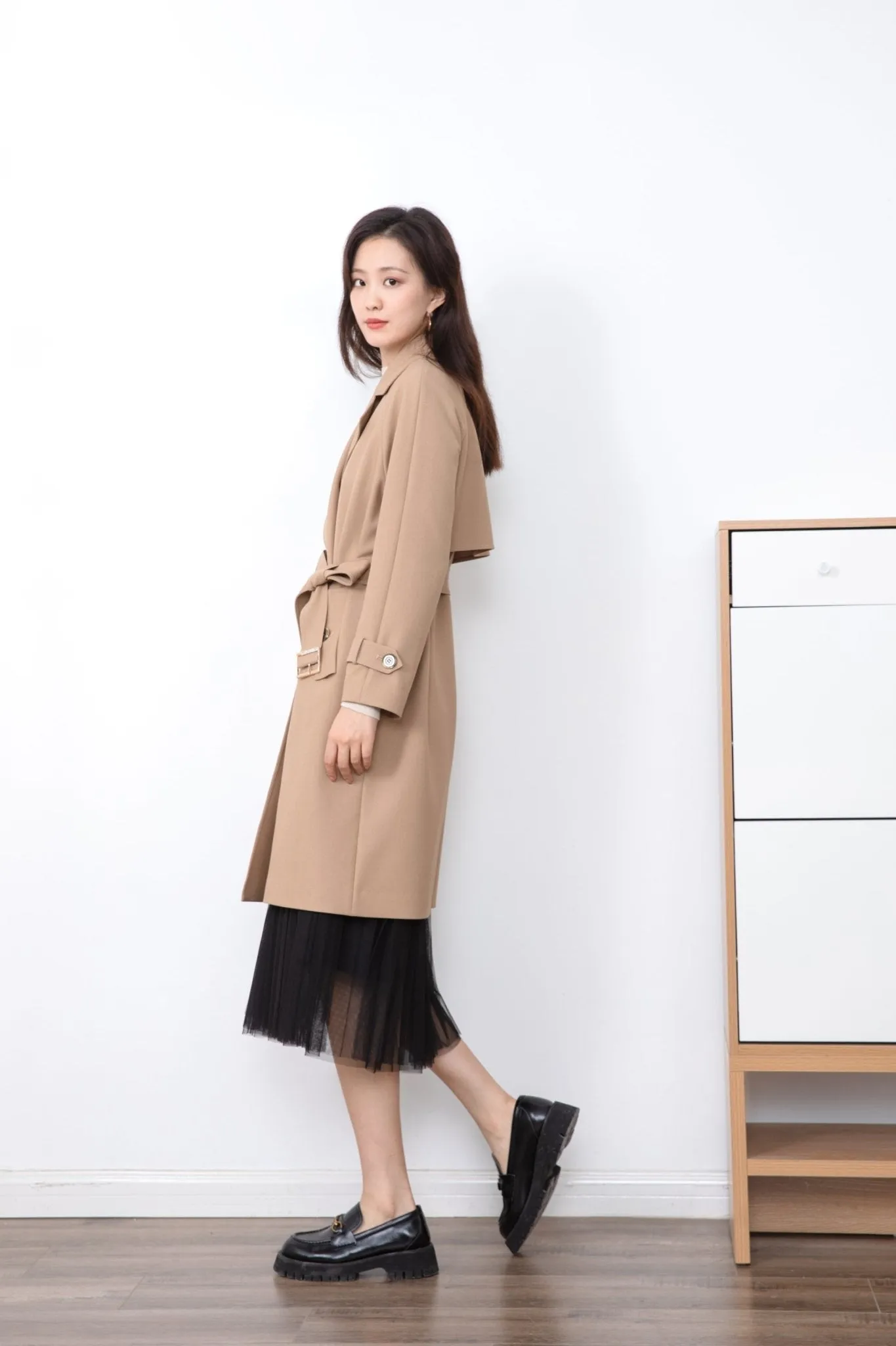 Beige Long Trench Overcoat Waistband