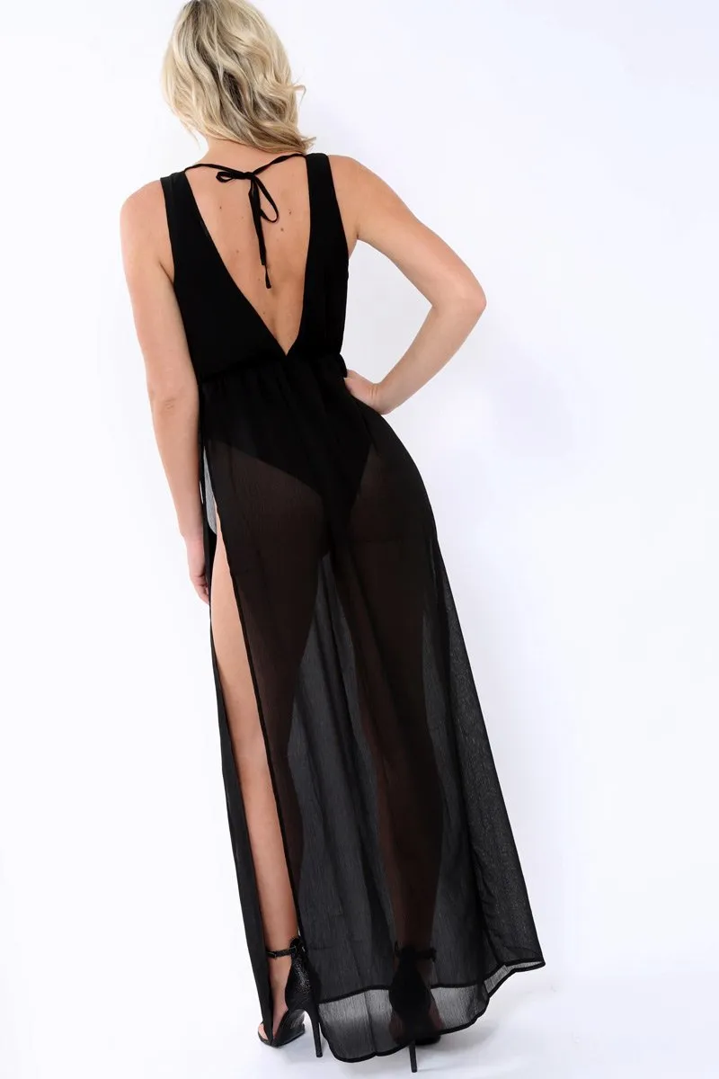 Black Chiffon Maxi Dress with Bodysuit - Macie