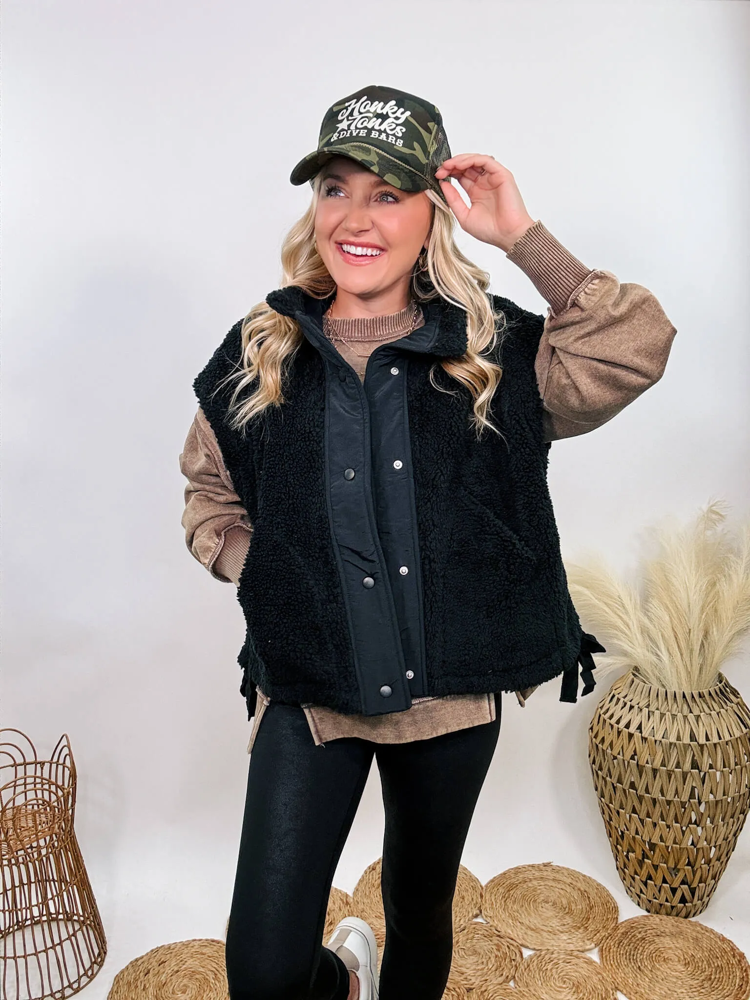 Black Oversized Sherpa Vest with Side Ties