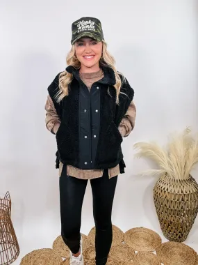 Black Oversized Sherpa Vest with Side Ties