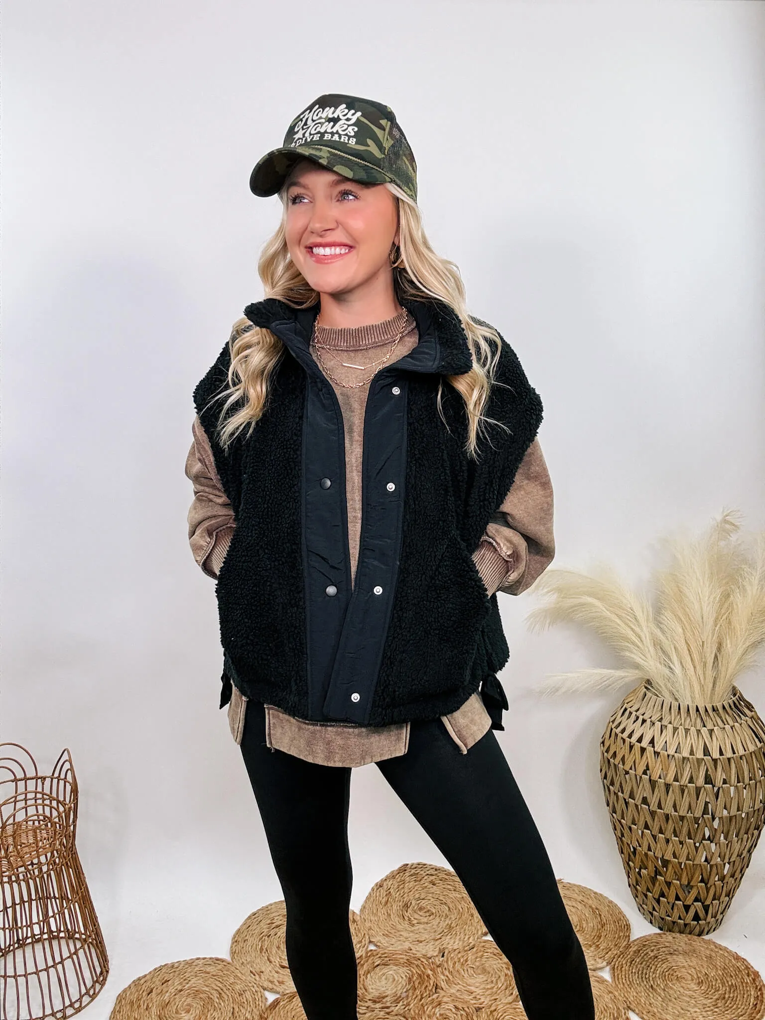 Black Oversized Sherpa Vest with Side Ties