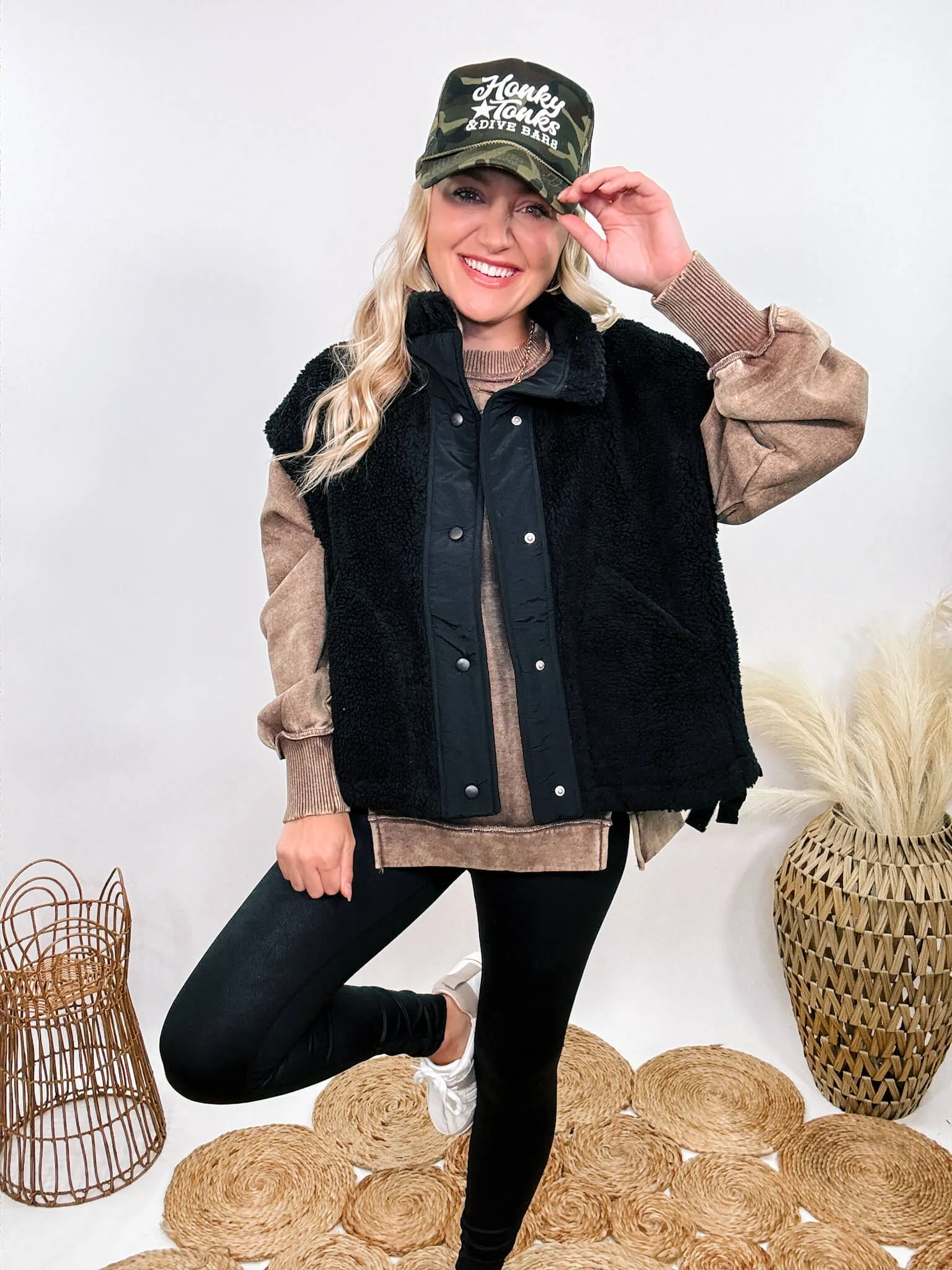 Black Oversized Sherpa Vest with Side Ties