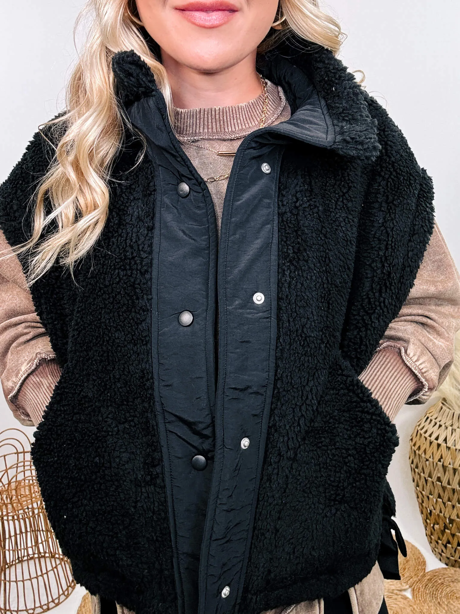 Black Oversized Sherpa Vest with Side Ties