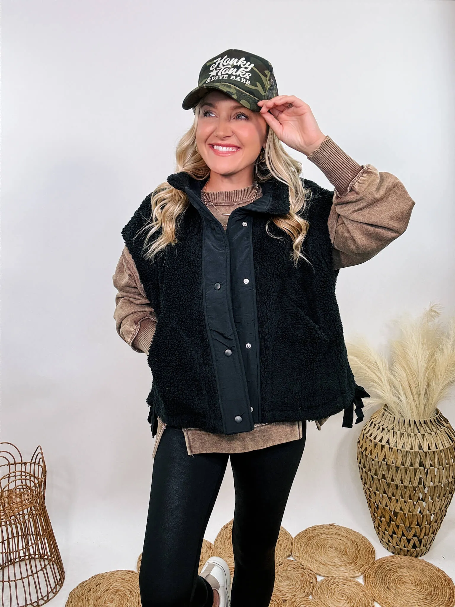 Black Oversized Sherpa Vest with Side Ties