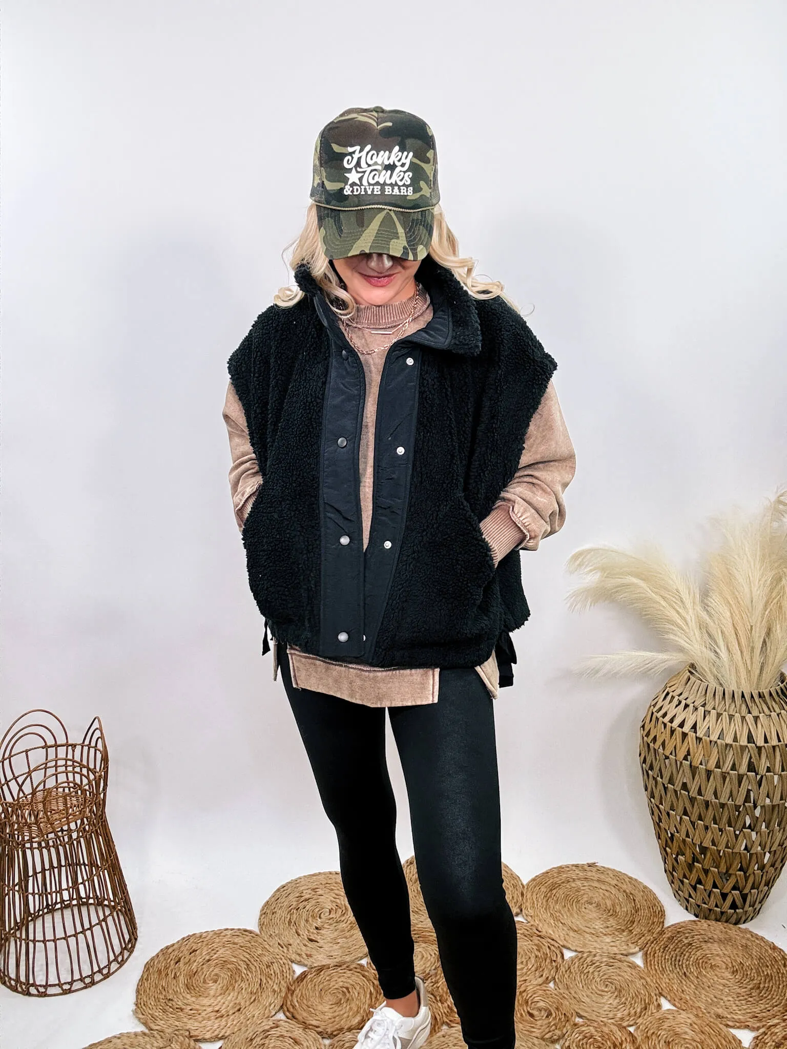 Black Oversized Sherpa Vest with Side Ties