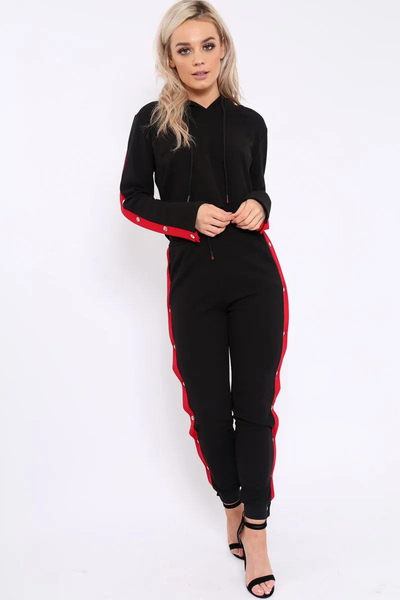 Black Side Popper Red Stripes Loungewear Set - Cadence