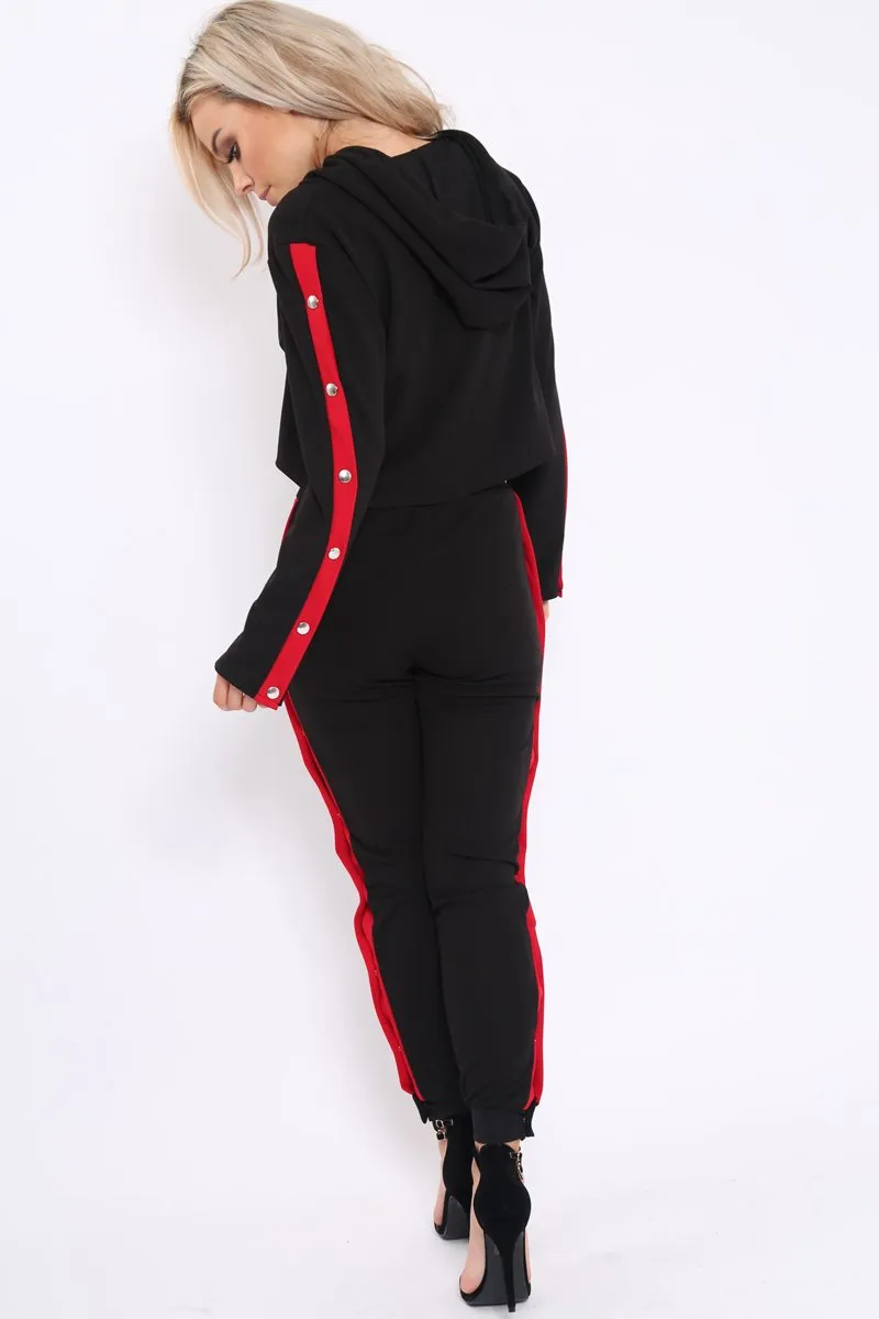 Black Side Popper Red Stripes Loungewear Set - Cadence