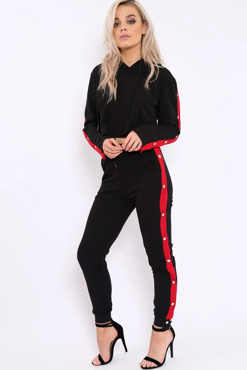 Black Side Popper Red Stripes Loungewear Set - Cadence