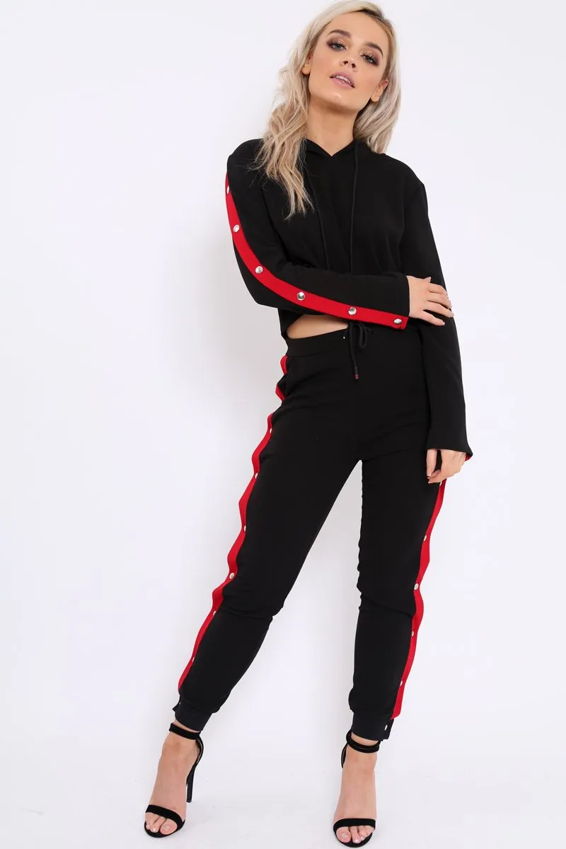 Black Side Popper Red Stripes Loungewear Set - Cadence