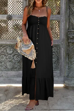 Black Smocked Button Pocketed Spaghetti Strap Maxi Dress