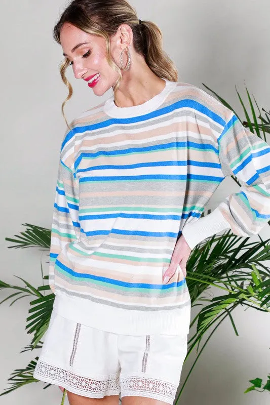 Blue Multi Balloon Sleeve Multi Striped Sweater Top