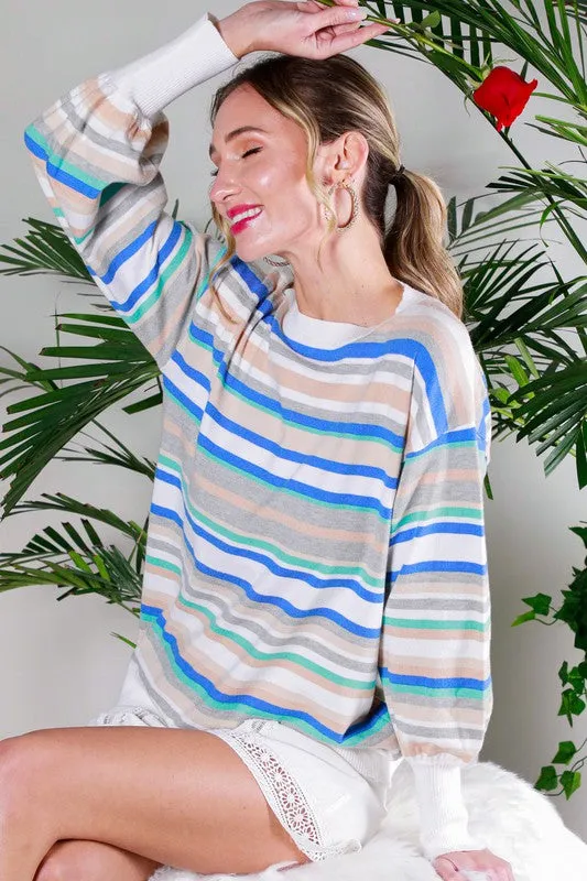 Blue Multi Balloon Sleeve Multi Striped Sweater Top