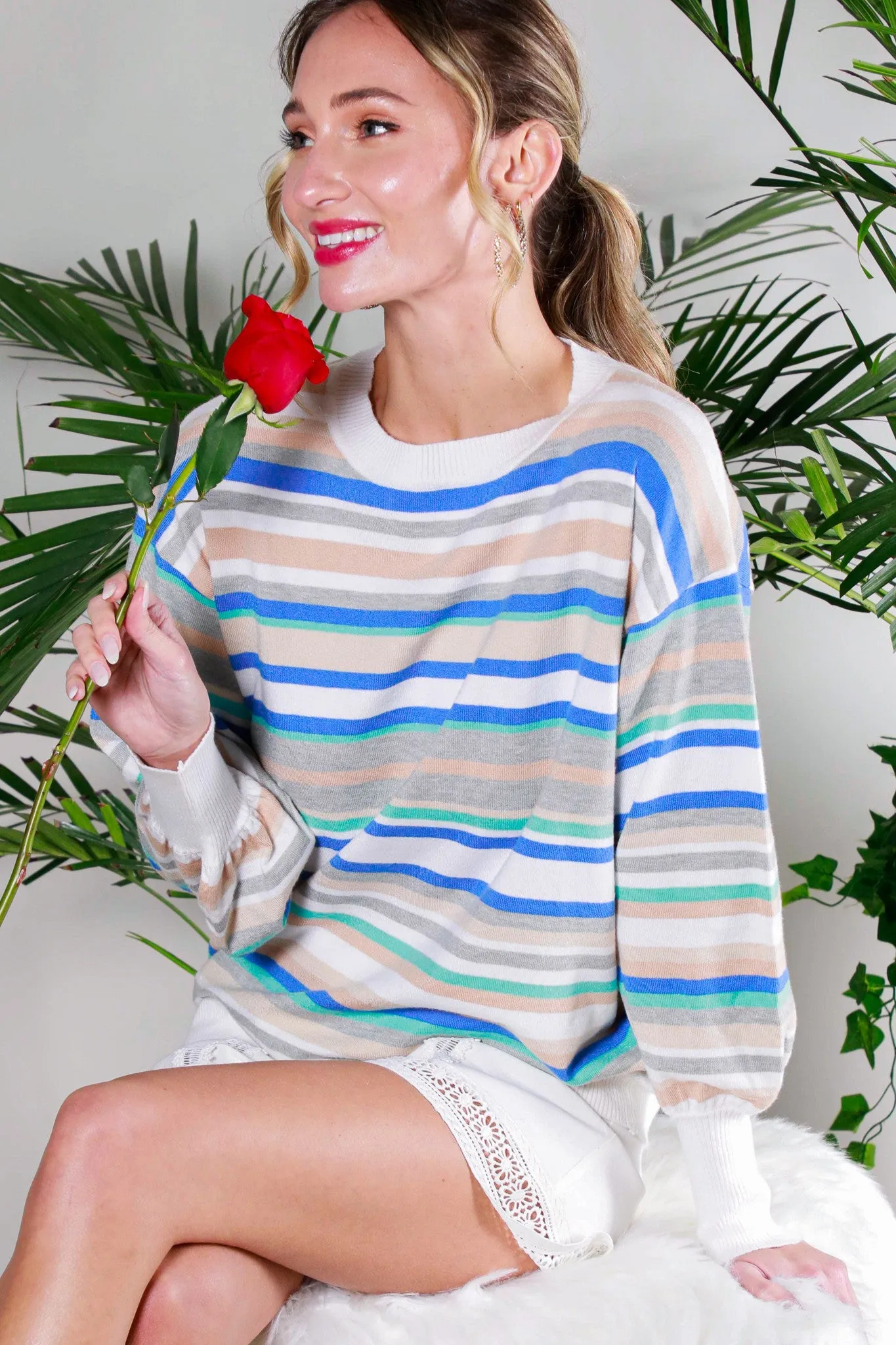 Blue Multi Balloon Sleeve Multi Striped Sweater Top