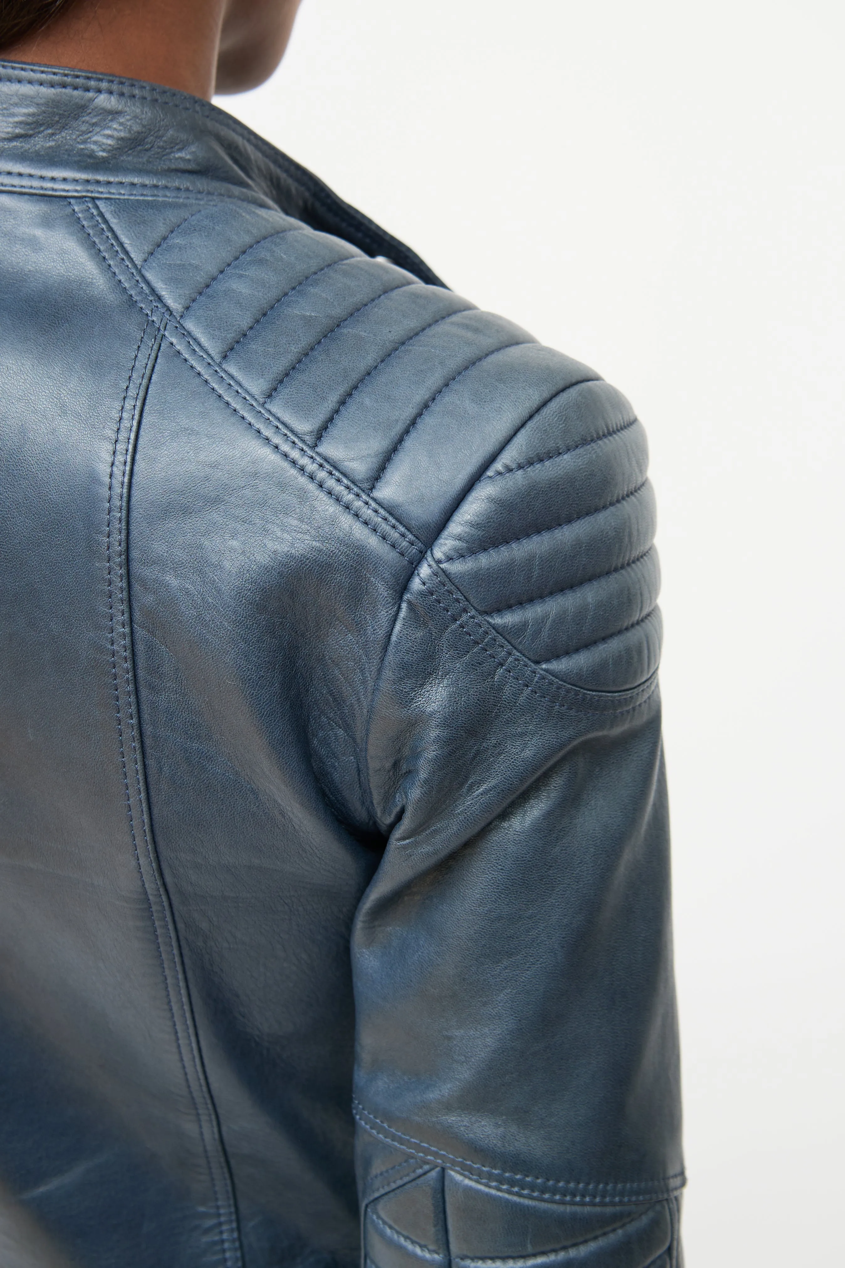 Blue Quilted Leather Moto Jacket