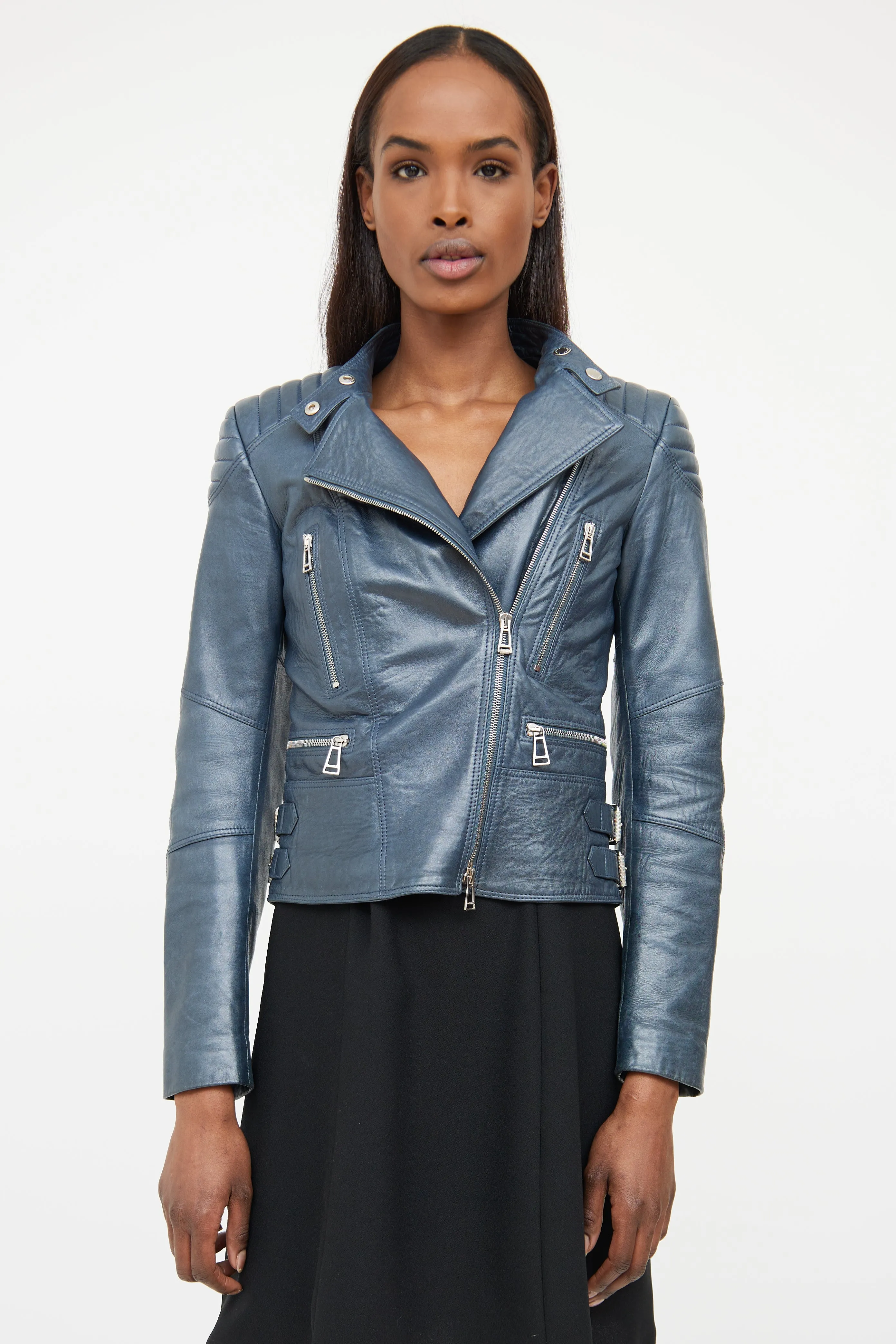 Blue Quilted Leather Moto Jacket