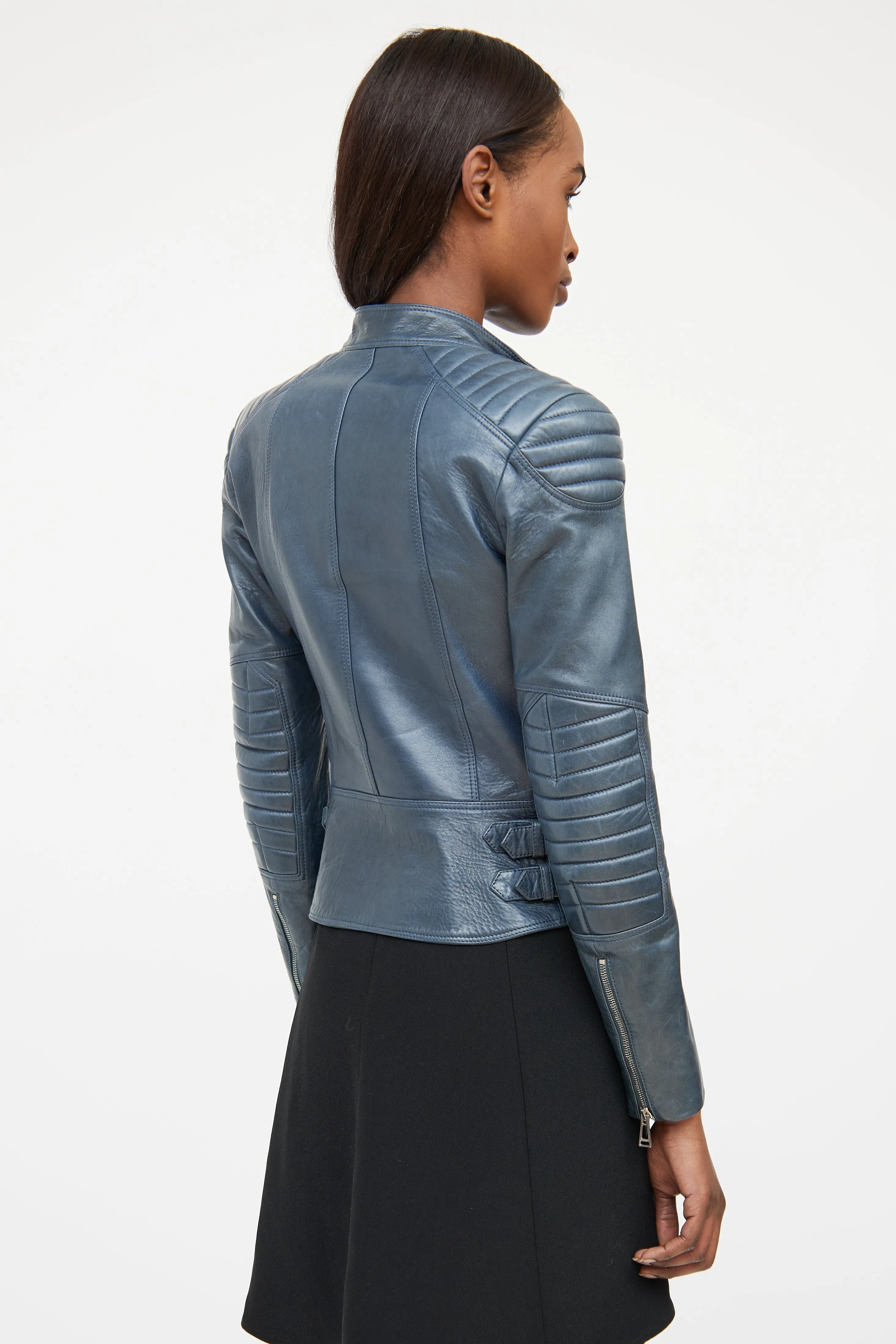 Blue Quilted Leather Moto Jacket