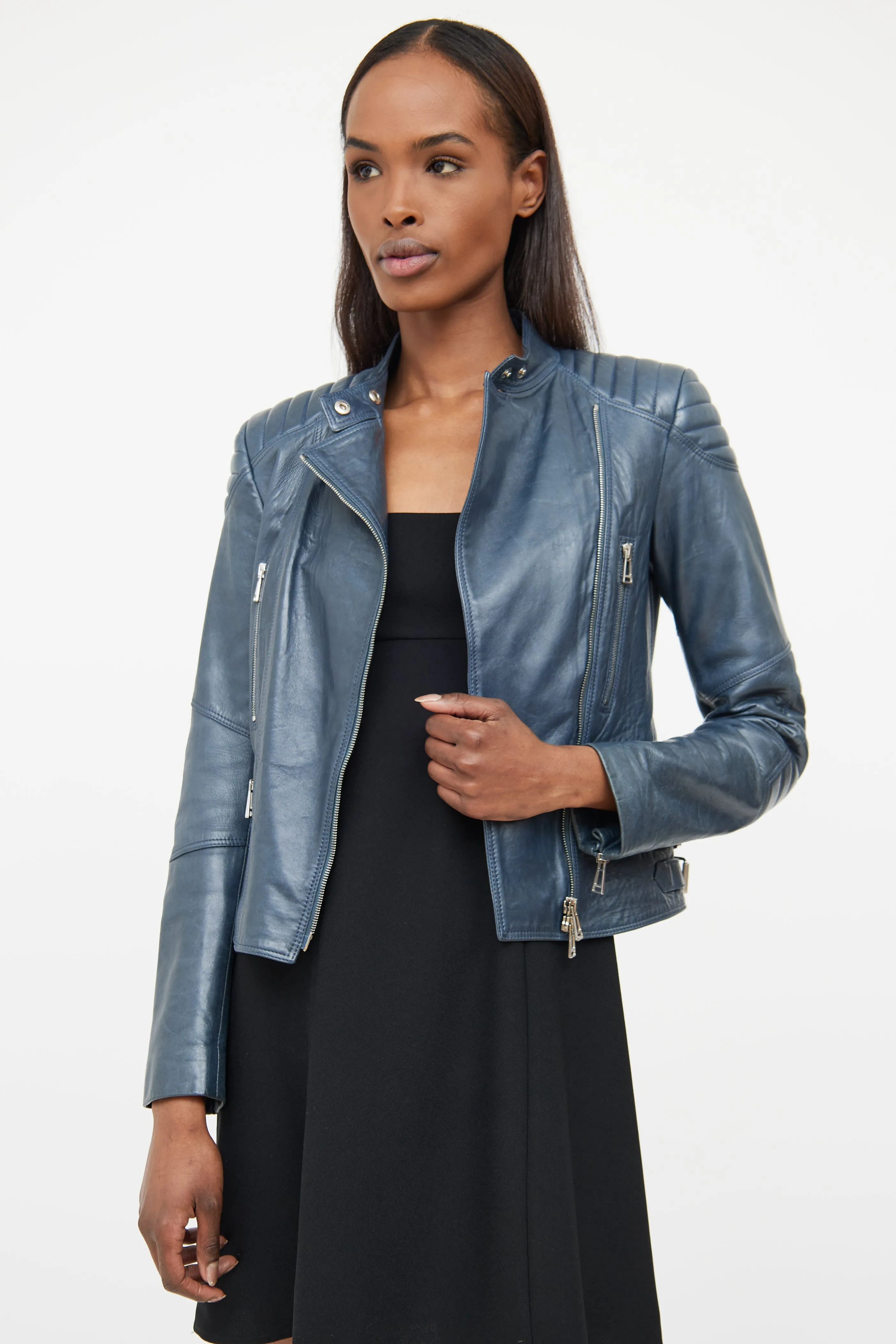 Blue Quilted Leather Moto Jacket