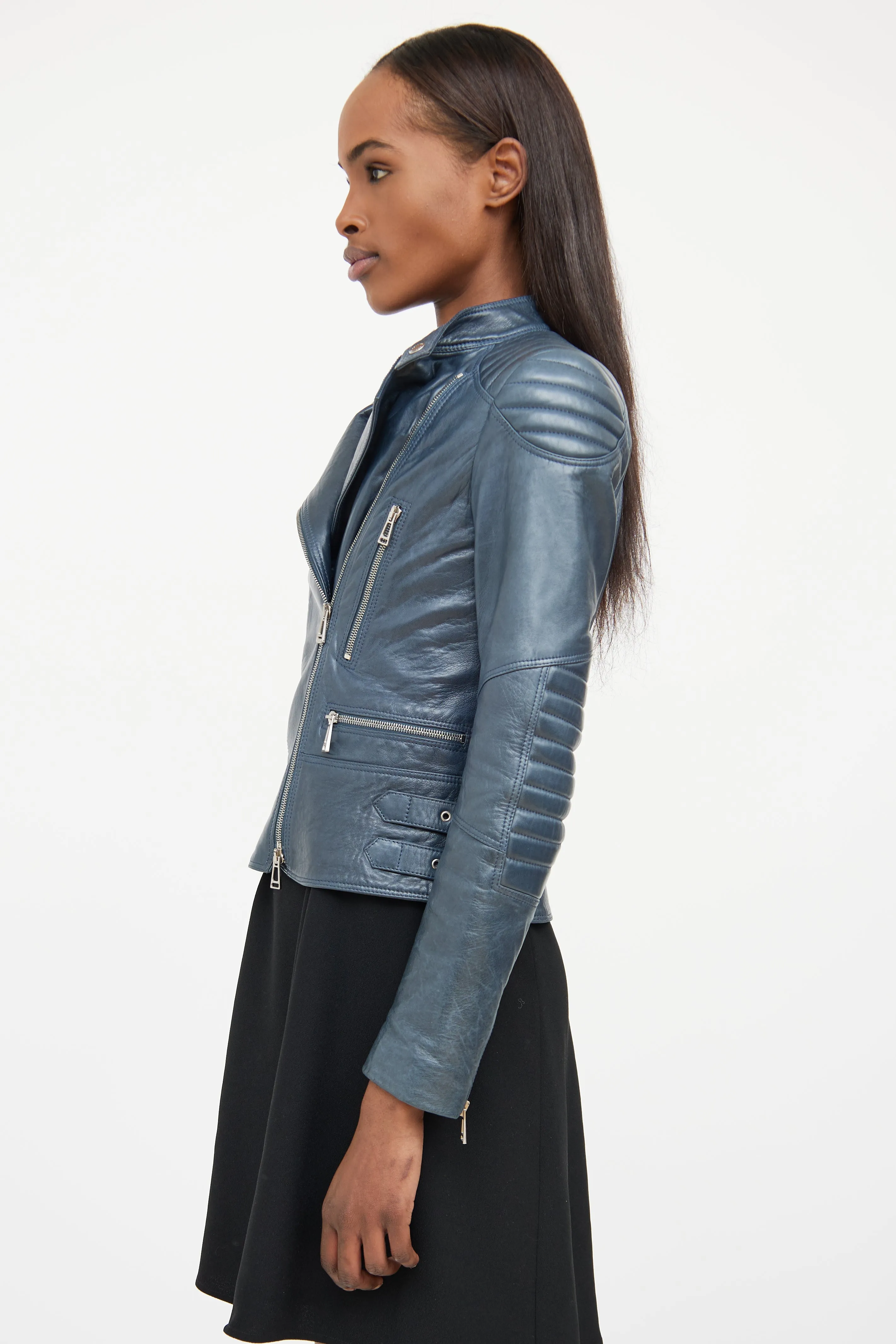 Blue Quilted Leather Moto Jacket