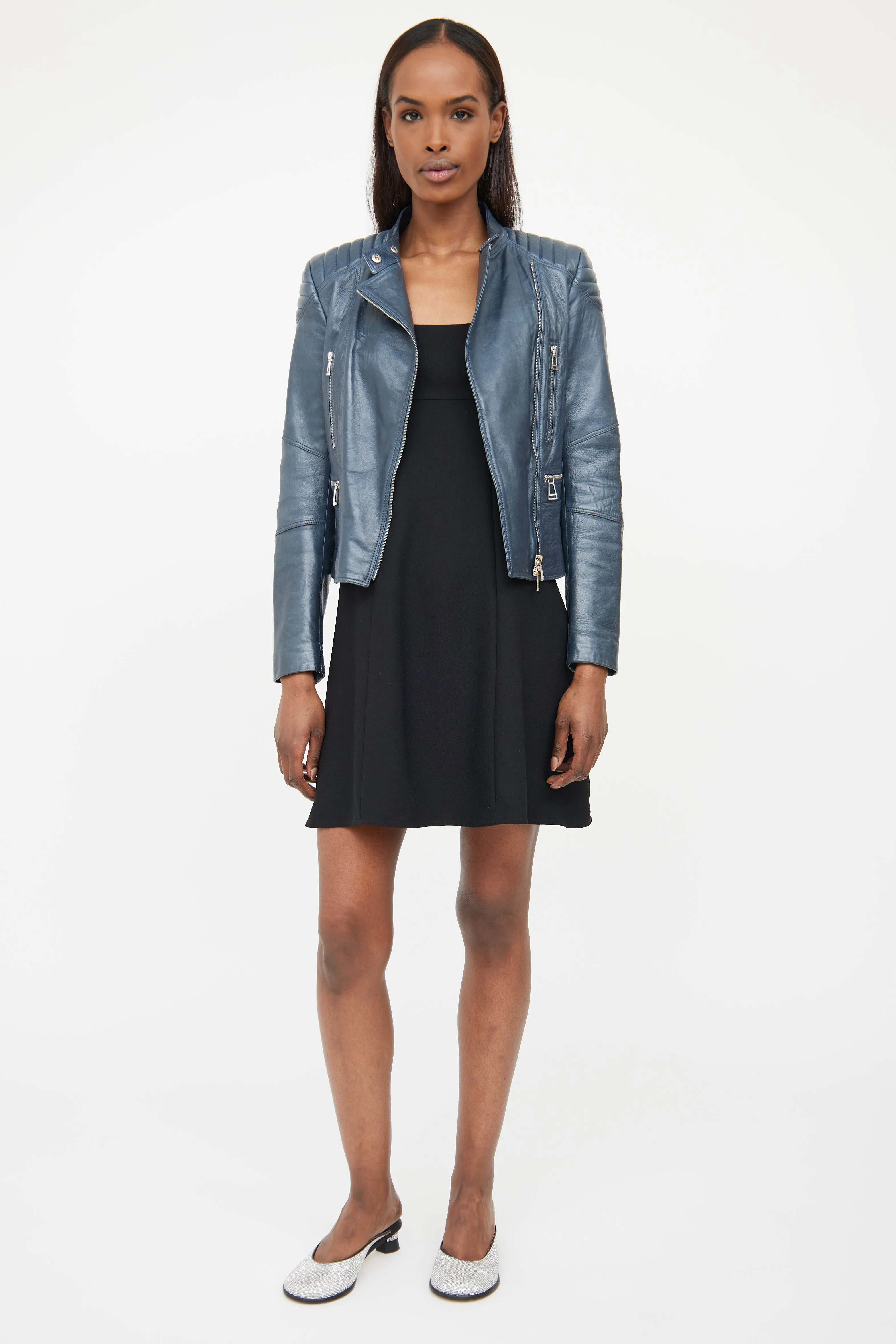 Blue Quilted Leather Moto Jacket