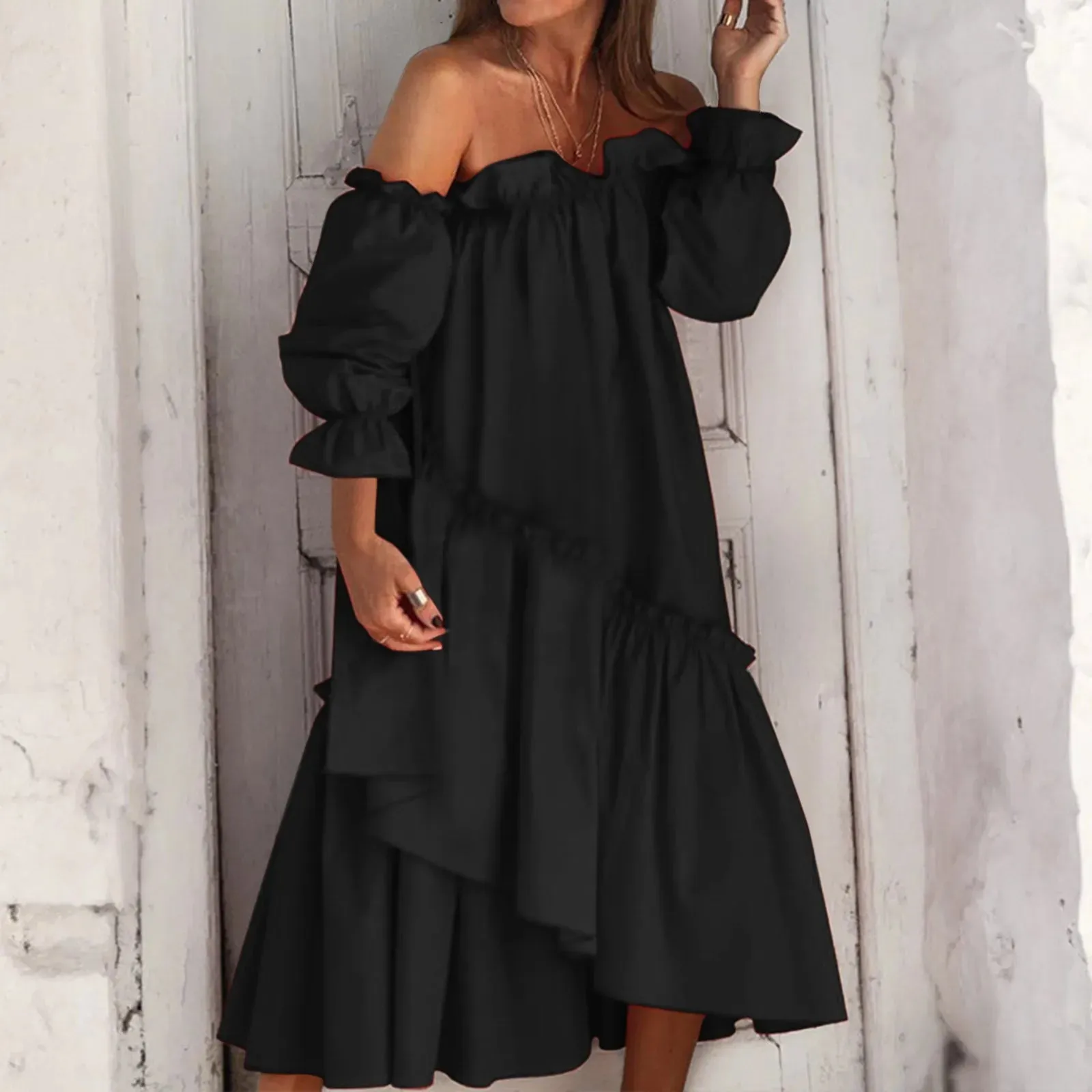 Bohemian Beach Midi Dress with Asymmetrical Loose Irregular Ruffles