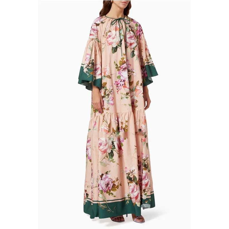 Bohemian Floral Lace-Up Flare Sleeve Maxi Dress