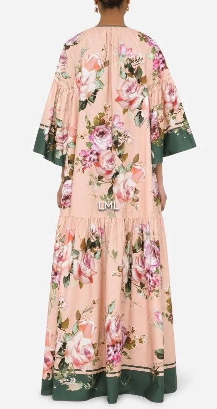 Bohemian Floral Lace-Up Flare Sleeve Maxi Dress