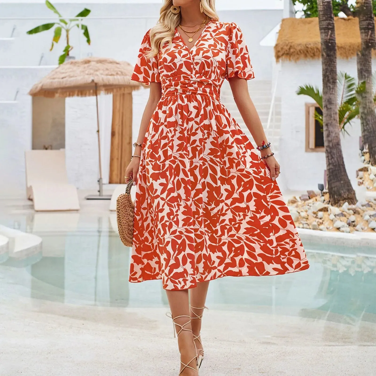 Bohemian Short Sleeve V Neck A-Line Ruched Maxi Vacation Midi Casual Dress