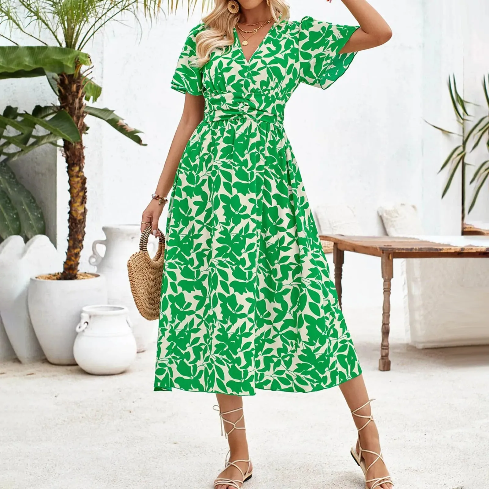 Bohemian Short Sleeve V Neck A-Line Ruched Maxi Vacation Midi Casual Dress