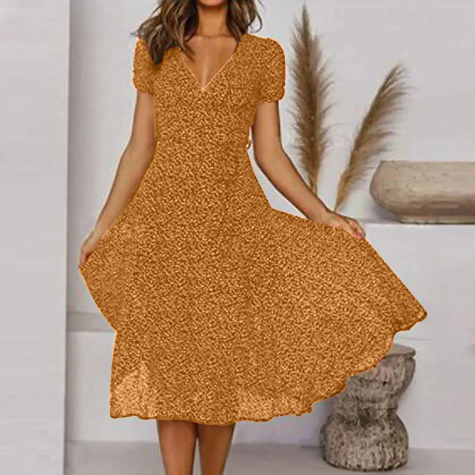 Bohemian Summer 2024 Short Sleeve V Neck Tie Waist A-Line Vacation Fashion Holiday Sun Midi Dress for Women