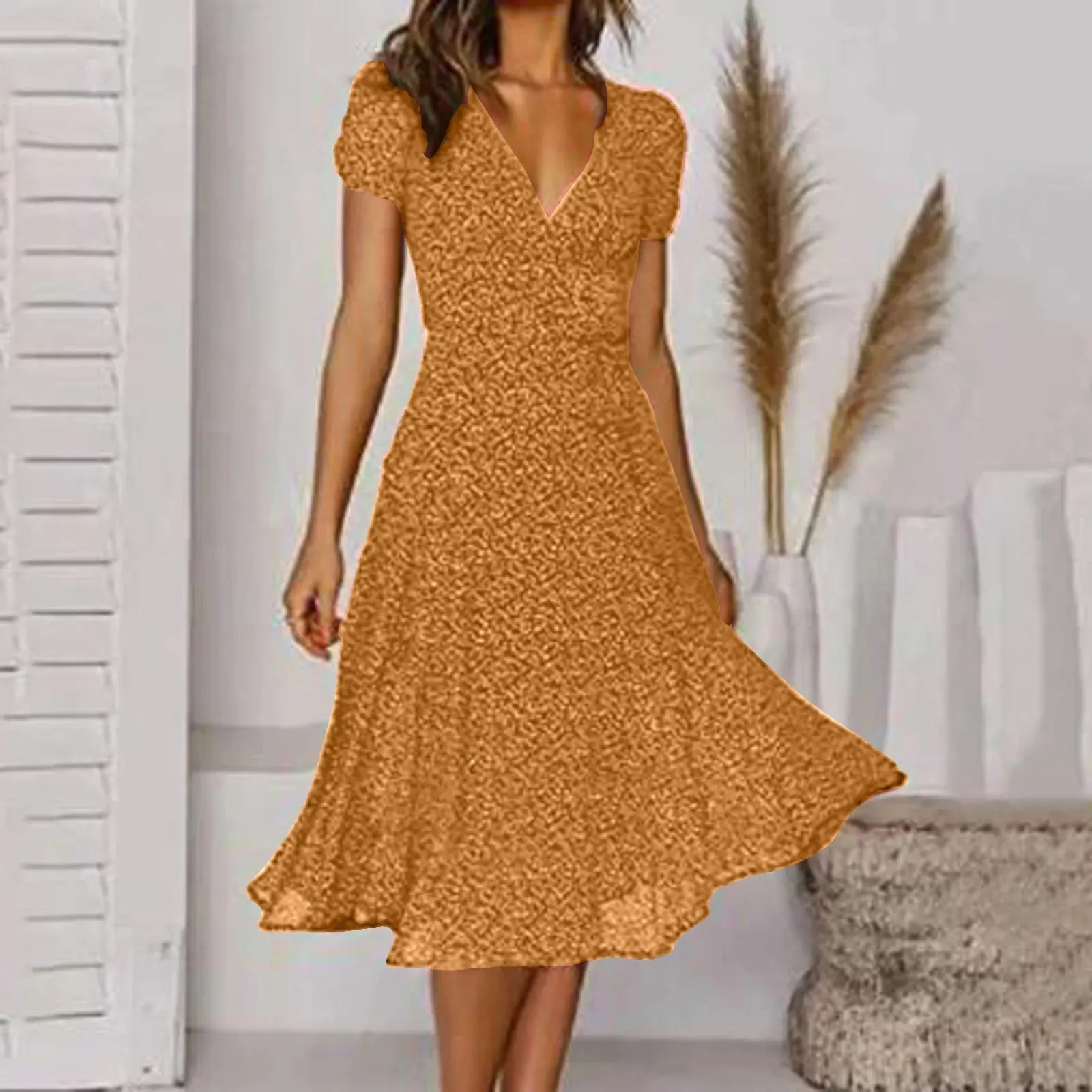 Bohemian Summer 2024 Short Sleeve V Neck Tie Waist A-Line Vacation Fashion Holiday Sun Midi Dress for Women