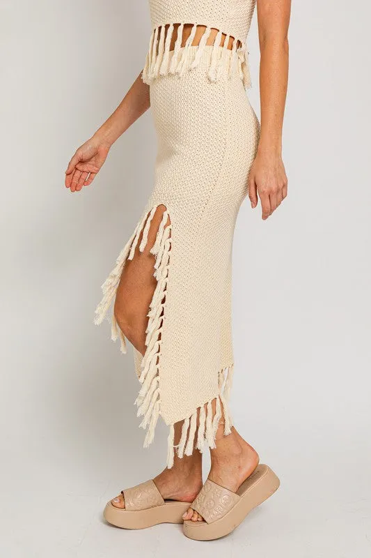 Bohemian Tassel Detail Crochet Sweater Midi Skirt