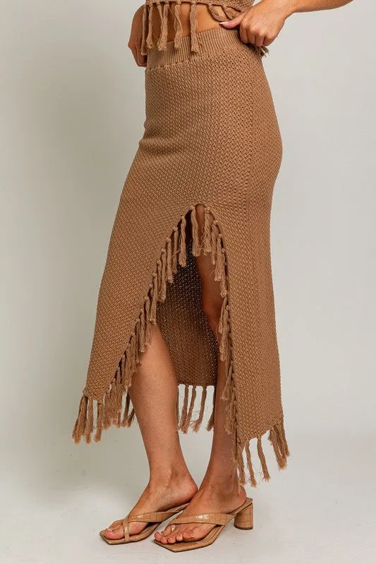 Bohemian Tassel Detail Crochet Sweater Midi Skirt