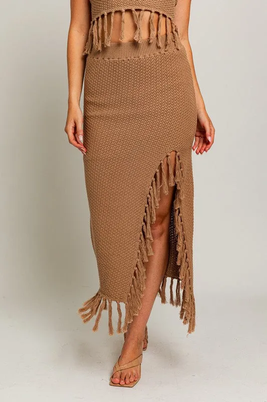 Bohemian Tassel Detail Crochet Sweater Midi Skirt