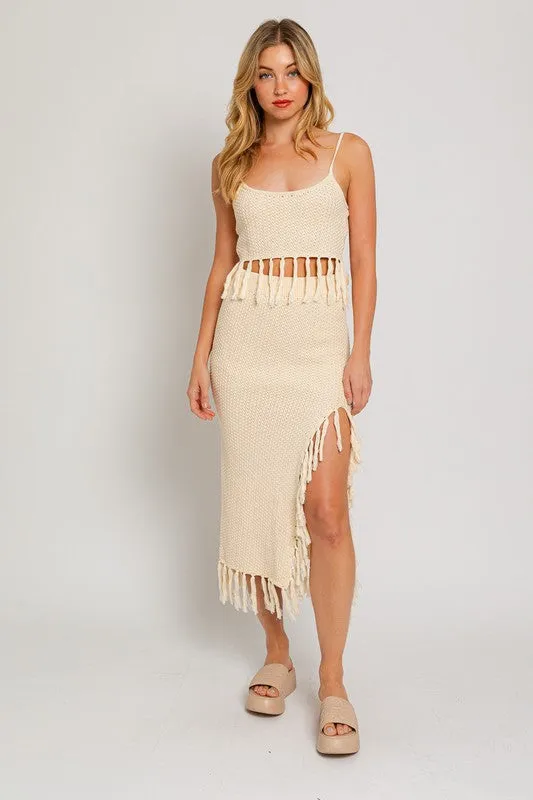 Bohemian Tassel Detail Crochet Sweater Midi Skirt