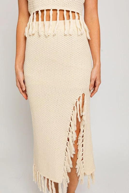 Bohemian Tassel Detail Crochet Sweater Midi Skirt